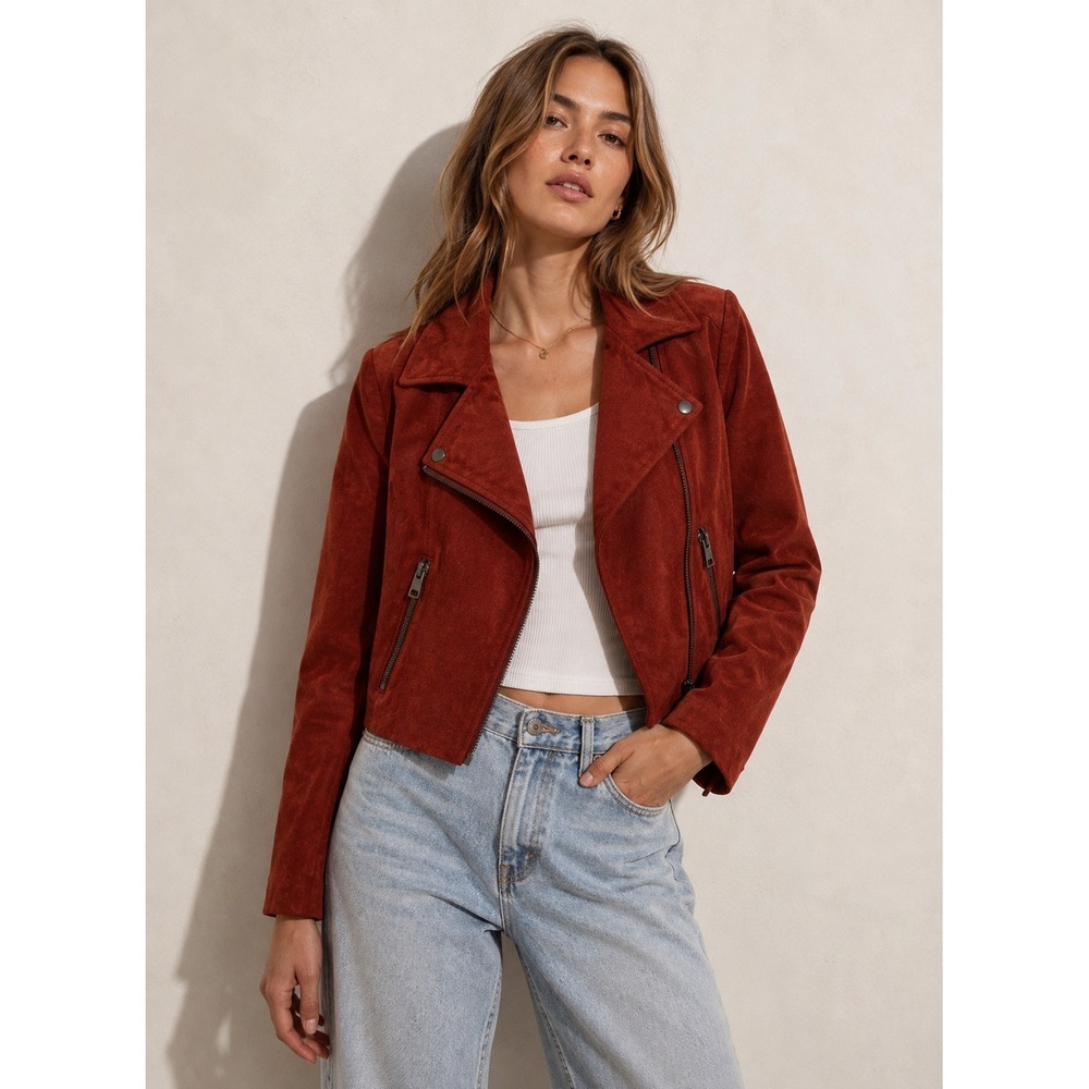 ASTR The Label Faux Suede Moto Jacket Rust Red Cropped XS Anthropology